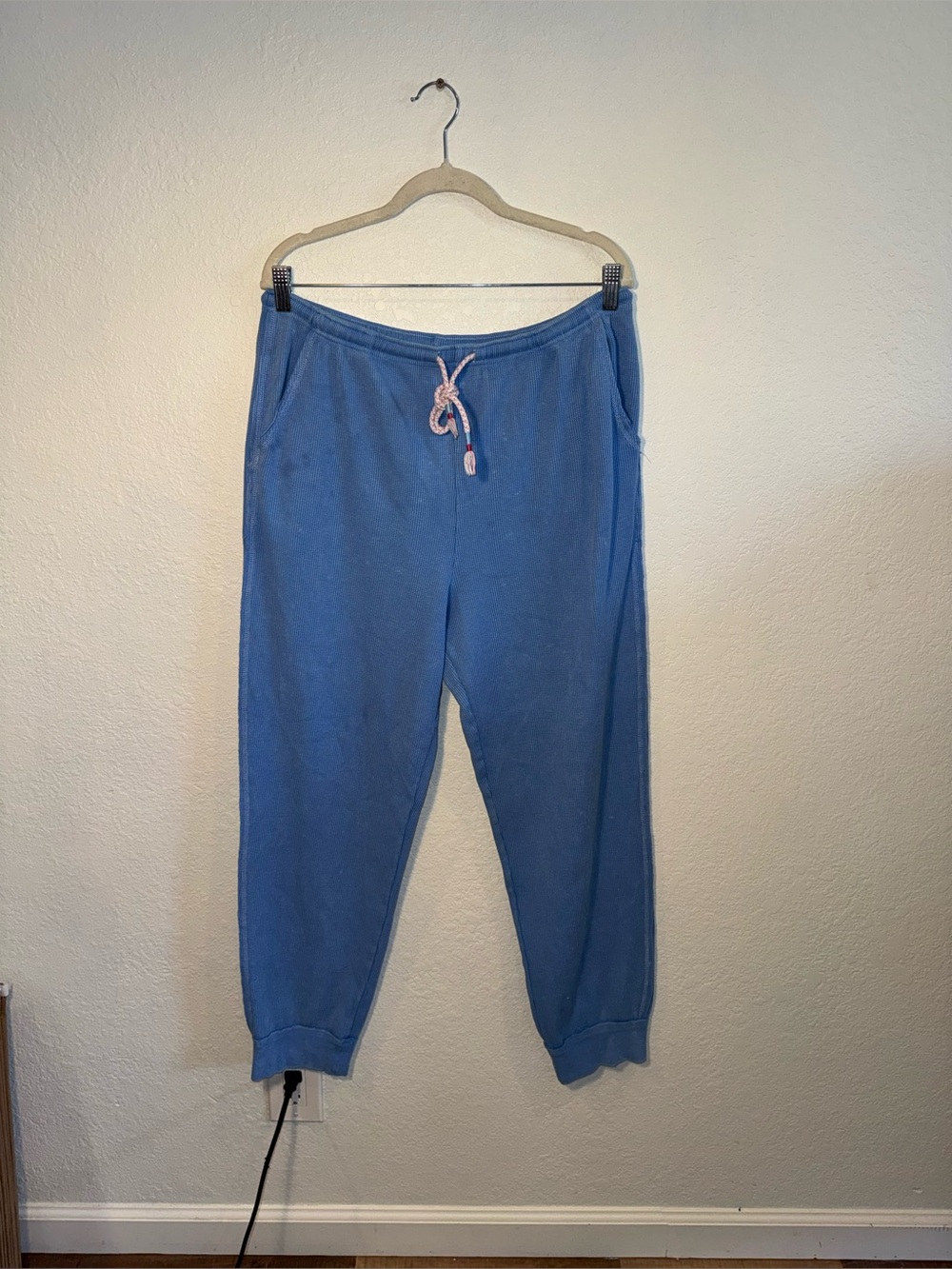Sunnyside by SUNDRY Blue Waffle Knit Tie Waist Cotton Blend Jogger Pants XL
